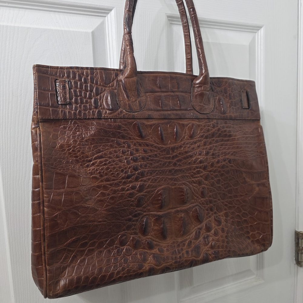 Croc-Embossed Brown Leather Tote with Gold Hardware - Picture 2 of 3